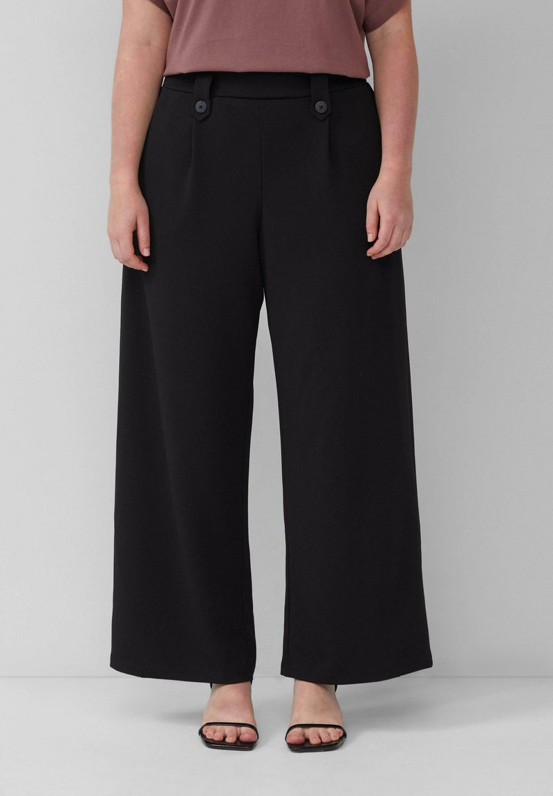 Schwarzweite Hosen mit glattem Stoff, hoher Taille und zwei vorderen Knöpfen. Minimalistisches Design, ohne Muster oder Akzente.