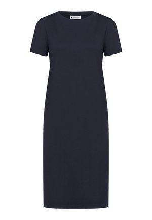 Czarna sukienka za kolano z krótkim rękawem, okrągłym dekoltem i prostym fasonem, marki Street One.