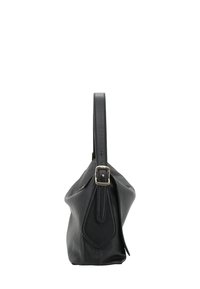 Borsa a mano in pelle nera con una finitura texturizzata, dotata di una sola tracolla fissata da una fibbia dorata e di una forma arrotondata e morbida.