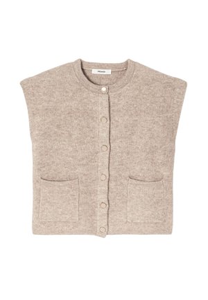 Gilet sans manches en maille beige avec encolure ronde, fermeture par boutons-pression et deux poches avant.