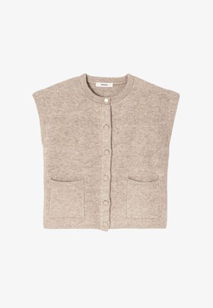 Gilet sans manches en maille beige avec encolure ronde, fermeture par boutons-pression et deux poches avant.