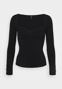 Svart ribbad långärmad topp med fyrkantig halsringning, figurnära passform och subtila sömmar vid bysten; har långa ärmar med små guldhardware-accenter.