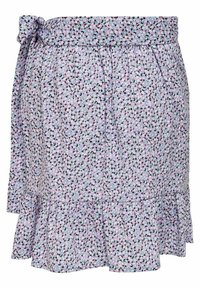Jupe à motifs floraux en violet clair, fabriquée en tissu léger. Présente un bas échelonné et un nœud à la taille pour un ajustement réglable.