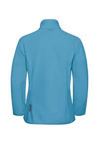 Giacca in pile azzurro chiaro con colletto alto, maniche lunghe, design raglan, cuciture piatte e una piccola etichetta con il marchio all'orlo.