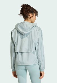 Lyseblå, letvægtsjakke med hætte, elastiske manchetter og et lagdelt rygdesign. Glat tekstur, ideel til hverdagsbrug eller udendørsaktiviteter.