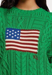 Pull vert en maille torsadée avec un écusson du drapeau américain tricoté et les initiales rouges "RL" sur la poitrine, porté par une personne.