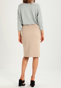 Femme portant une jupe crayon beige arrivant aux genoux, un haut à manches longues gris clair et des sandales à talons hauts noires, vue de dos.