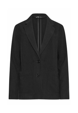 Schwarzer Blazer mit einem einreihigen Design, Reverskragen, zwei Fronttaschen und zwei Knöpfen. Hergestellt aus strukturiertem Stoff, mit taillierter Passform.