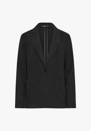 Musta bleiseri, jossa on yksirivinen muotoilu, saket, kaksi etutaskua ja kaksi nappia. Valmistettu rakenteellisesta kankaasta, jossa on muotonsa mukauttava istuvuus.