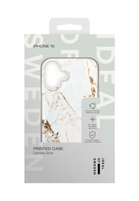 iPhone 16 case in Carrara Gold pattern, featuring a white marble design with golden veining, slim profile, made from recycled materials.