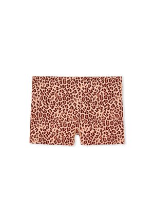 Leopard print shorts with a mid-thigh length and elastic waistband, featuring a pink and dark brown color pattern.