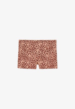 Szorty w panterkę o długości do połowy uda z elastycznym paskiem w talii, w różowo-ciemnobrązowy wzór.