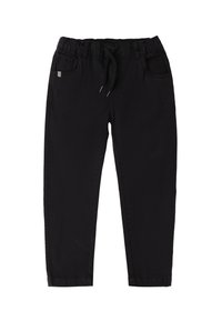 Pantalones negros con cinturilla elástica y cordón ajustable, que cuentan con cinco bolsillos y un diseño de pierna recta. Textura de tela suave.