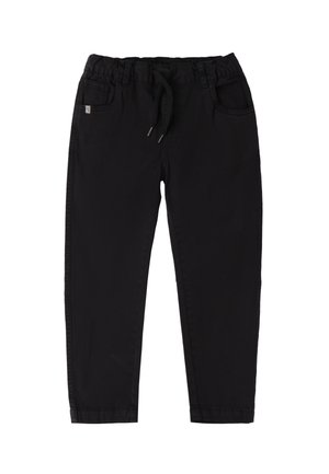 Pantaloni neri con vita elasticizzata e coulisse regolabile, dotati di cinque tasche e un design a gamba dritta. Tessuto dalla texture liscia.