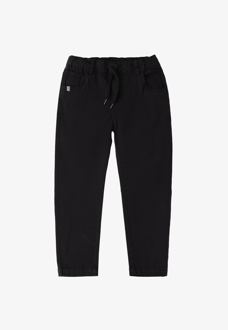 Pantalones negros con cinturilla elástica y cordón ajustable, que cuentan con cinco bolsillos y un diseño de pierna recta. Textura de tela suave.