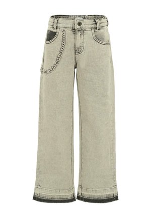 Weite Damenjeans aus Denim in Hellgrau, mit einer Kettenakzentuierung an der Tasche, kontrastierendem schwarzen Saum und klassischem Fünf-Taschen-Design.