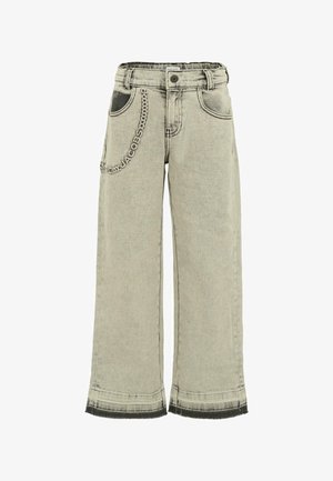 Lichtgrijze denim broeken met wijde pijpen, voorzien van een kettingaccents op de zak, contrasterende zwarte zoom en een standaard vijf-zakken ontwerp.