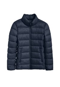 Giacca imbottita blu navy con colletto alto, dotata di una zip frontale e due tasche laterali con zip. Realizzata in un materiale liscio e leggero.
