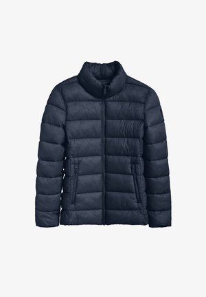 Navy blue padded jacket with a high collar, featuring a front zipper and two zippered side pockets. Made from a smooth, lightweight material.