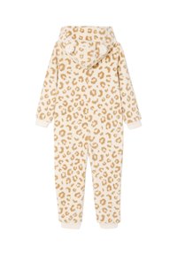 Leopard print onesie in soft beige fleece with a hood and pom-pom accents. Features elastic cuffs and a zip closure at the front.