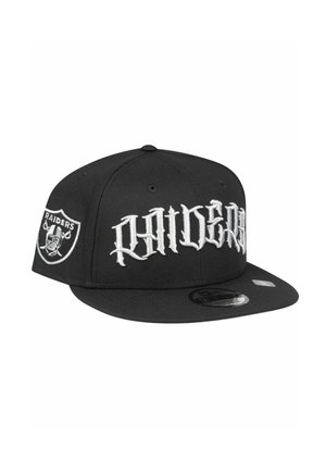 Black baseball cap with a flat brim, featuring a silver "Raiders" logo and embroidered text. Made of durable fabric with a smooth texture.