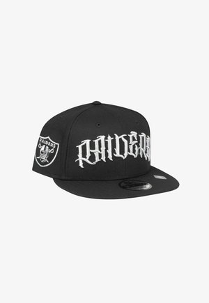 Black baseball cap with a flat brim, featuring a silver "Raiders" logo and embroidered text. Made of durable fabric with a smooth texture.
