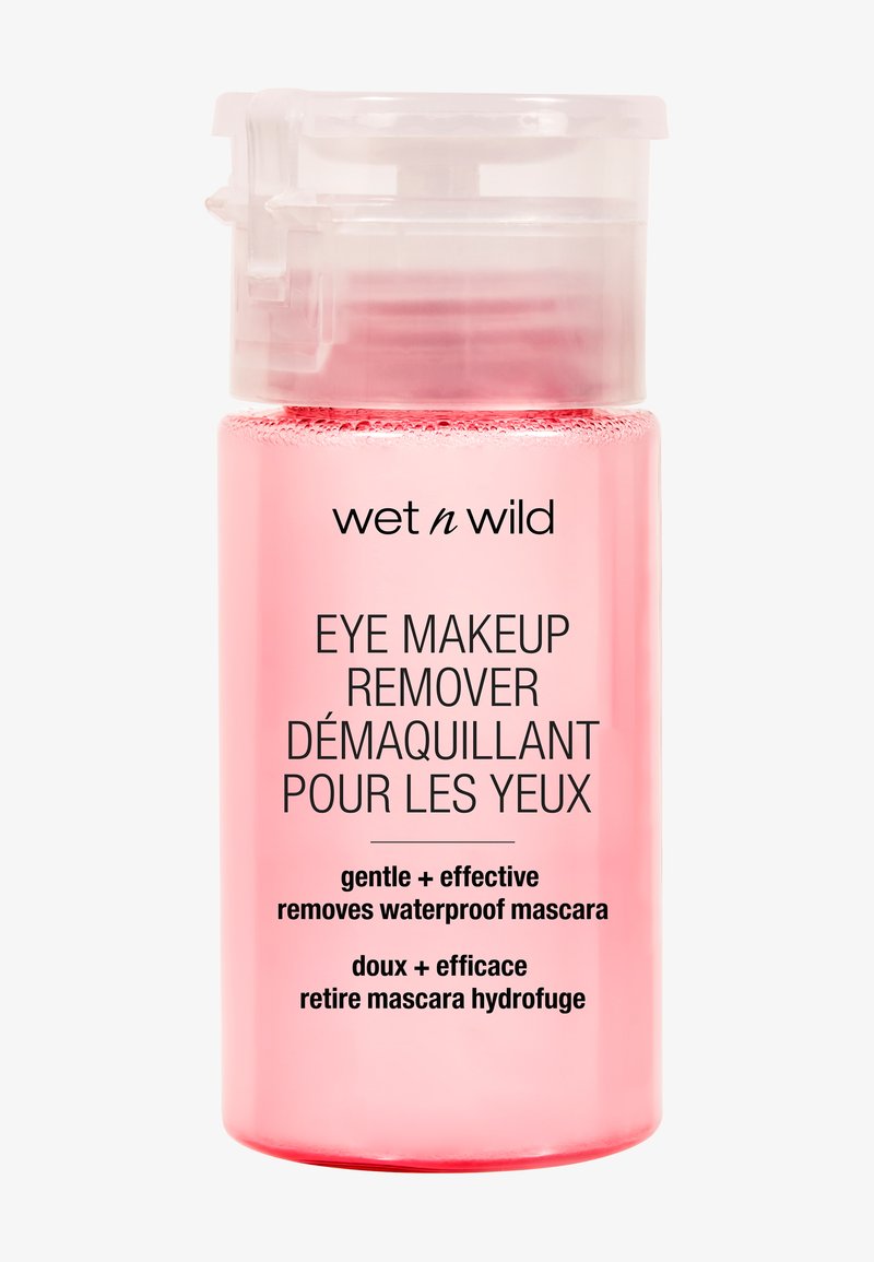 Pinkfarbene Flasche des Make-up-Entferners von wet n wild mit transparentem Klappdeckel und zweisprachigem Etikett, das angibt, dass es wasserfesten Mascara entfernt.