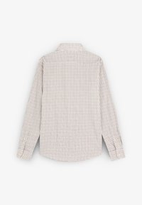 Langärmliges Hemd in hellbeige mit einem kleinen Karomuster in Rot und Dunkelblau. Verfügt über einen klassischen Kragen und Knopfmanschetten.