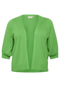 Cardigan en tricot vert avec une texture légère et respirante, devant ouvert, manches bouffantes trois-quarts et poignets et ourlet côtelés.