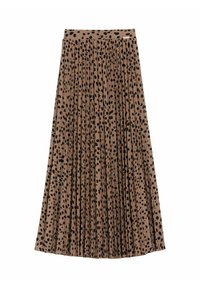 Plisowana spódnica midi wykonana z elastycznego materiału w jasnobrązowym kolorze w czarne kropki. Posiada gładki pas i zwiewny krój.
