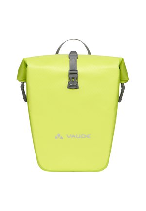 Sacoche de vélo imperméable jaune vif avec boucle grise, clips latéraux et logo VAUDE à l'avant.