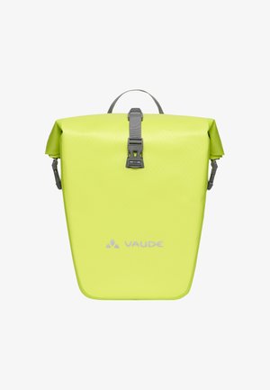 Sacoche de vélo imperméable jaune vif avec boucle grise, clips latéraux et logo VAUDE à l'avant.