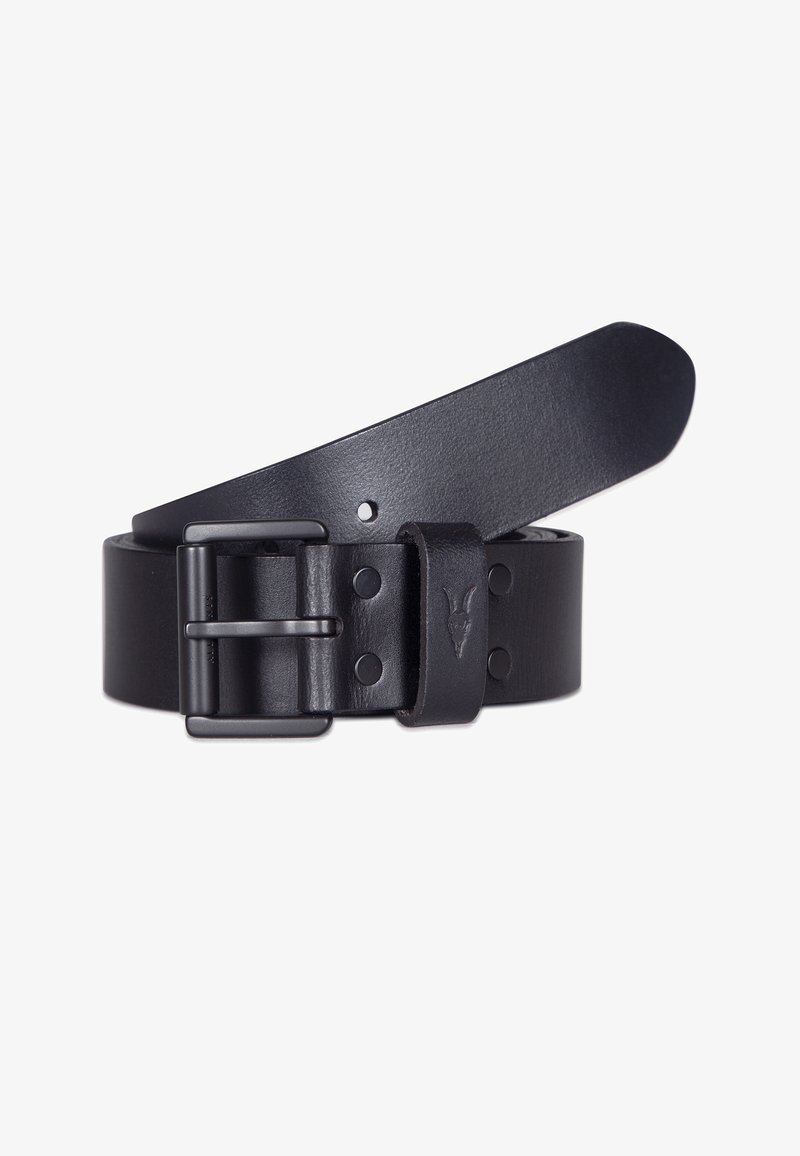 Zwarte leren riem met een gladde textuur, metalen gesp en decoratieve accenten. Bevat verschillende verstelgaatjes voor maatvoering.