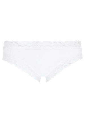 Vita trosor med spetsdetaljer och ett blommönster vid midjan, som har ett mjukt material och en lågt skuren design med en slät finish.