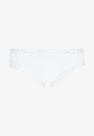 Mutande bianche con pizzo e un motivo floreale in vita, realizzate in un tessuto morbido e con un design a vita bassa, caratterizzate da una finitura liscia.