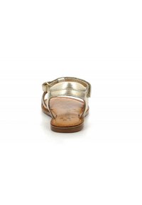 Gouden metallic sandaal met een open achterkant, verstelbare gesp en een bruine gestructureerde binnenzool. Minimalistisch ontwerp, geschikt voor warm weer.