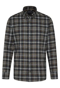 Langarm-Hemd aus Flanellstoff im Karomuster. Mit einem schwarz-weißen und braunen Gitterdesign, Knopfverschluss vorne und Kragen.