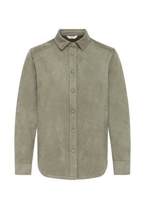 Giacca-camicia a maniche lunghe verde oliva con colletto a punta e bottoni a pressione frontali, caratterizzata da una morbida texture simile alla pelle scamosciata.