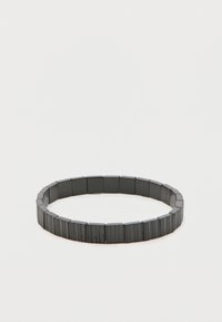 Black elastic bracelet featuring rectangular segments with a glossy finish, designed for a snug and flexible fit.