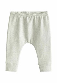 Pantaloni grigi chiaro con vita elastica e vestibilità comoda, caratterizzati da un orlo a costine con risvolto e una texture liscia, progettati per il comfort e la libertà di movimento.
