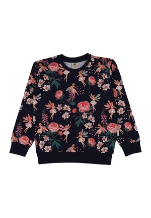 Marineblaues Sweatshirt mit langen Ärmeln mit einem mehrfarbigen Feen- und rosa Blumenmuster überall.