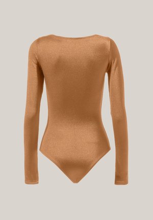 Langärmliger Body aus bronzefarbenem Schimmerstoff. Verfügt über einen Rundhalsausschnitt und einen engen Sitz mit einem Stringtanga-Rücken. Glatte Textur, minimale Nähte.