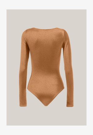 Langärmliger Body aus bronzefarbenem Schimmerstoff. Verfügt über einen Rundhalsausschnitt und einen engen Sitz mit einem Stringtanga-Rücken. Glatte Textur, minimale Nähte.