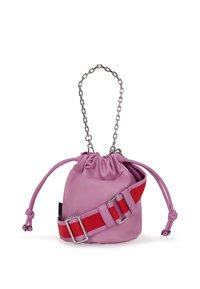 Small pink drawstring bag with silver chain handle and adjustable wide red and pink fabric strap.