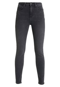 Dunkelgraue Skinny-Jeans aus Denim mit hoher Taille, fünf Taschen und klassischer Naht. Der Stoff hat eine glatte, leicht verblichene Textur.