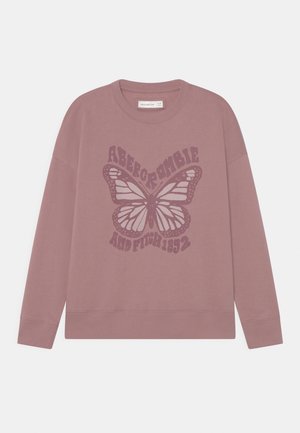 Lila langärmliges Sweatshirt mit einem großen Schmetterling und dem Aufdruck "Abercrombie and Fitch 1892" auf der Vorderseite.