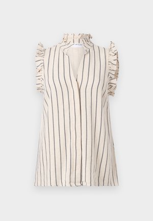 Lys beige bluse med marineblå lodrette striber, flæser på ærmerne og høj halsudskæring, med en åbningsklap foran.