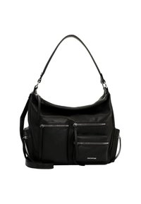 Sac en cuir noir avec une silhouette incurvée, plusieurs poches zippées, une bandoulière fine et un branding subtil sur le côté.