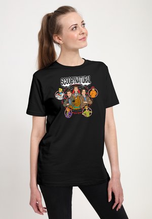 Black cotton t-shirt featuring a colorful graphic of characters from "Scooby-Doo" and "Supernatural," with the text "SCOOBYNATURAL" above.