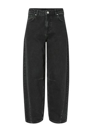 Sorte vidde-bukser i denim med høj talje, der har en knap- og lynlåslukning samt syninger foran for ekstra tekstur.